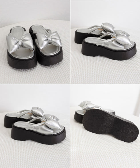リボンサンダルレディース厚底サンダル夏靴 メタリック プラットフォームサンダル 歩きやすいコンフォートサンダル 可愛いガーリー靴 韓国風 ミュールサンダル大人美脚 90JIANLONG-018