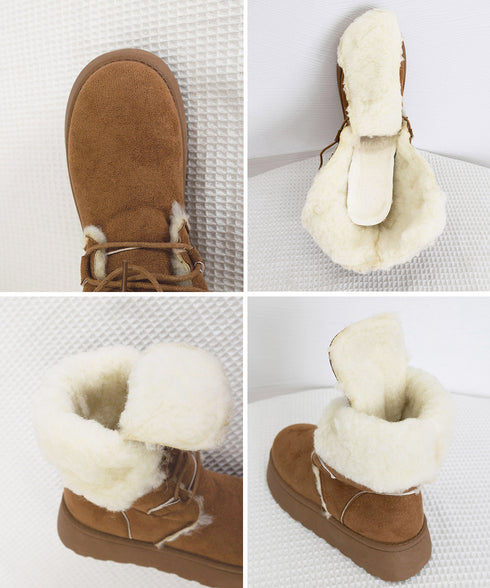 ボアムートンブーツ裏起毛 厚底ブーツ冬靴 レディース 歩きやすいブーツ 疲れない レースアップブーツカジュアル 編み上げミドルブーツ2way 暖かいショートブーツ 90JIANLONG-020