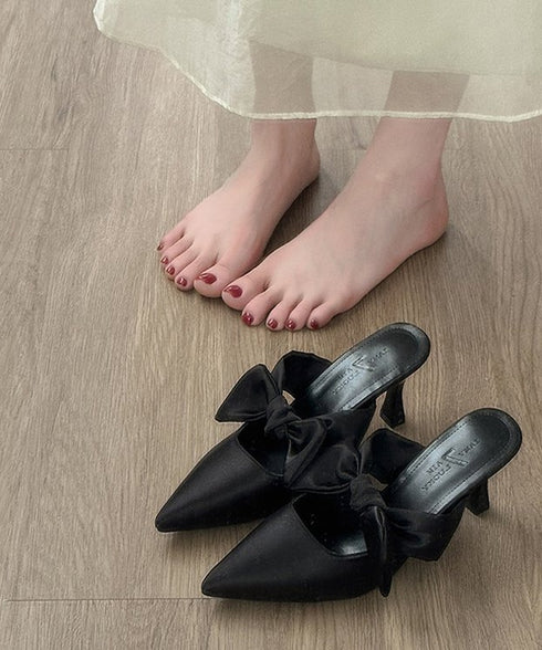 リボンミュールパンプス ポインテッドトゥ ミュールサンダルレディース きれいめ 歩きやすいリボンパンプス上品 ピンヒールミュール 美脚 サテン調パンプスパーティー 90JIANLONG-023