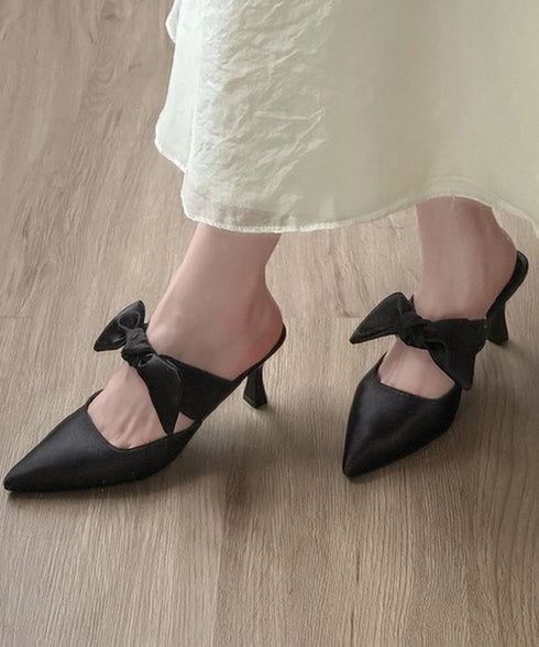 リボンミュールパンプス ポインテッドトゥ ミュールサンダルレディース きれいめ 歩きやすいリボンパンプス上品 ピンヒールミュール 美脚 サテン調パンプスパーティー 90JIANLONG-023
