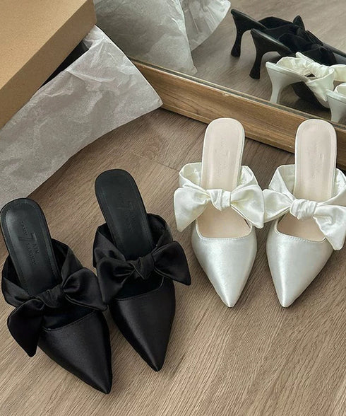 リボンミュールパンプス ポインテッドトゥ ミュールサンダルレディース きれいめ 歩きやすいリボンパンプス上品 ピンヒールミュール 美脚 サテン調パンプスパーティー 90JIANLONG-023