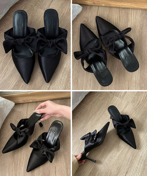 リボンミュールパンプス ポインテッドトゥ ミュールサンダルレディース きれいめ 歩きやすいリボンパンプス上品 ピンヒールミュール 美脚 サテン調パンプスパーティー 90JIANLONG-023