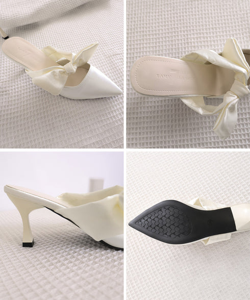 リボンミュールパンプス ポインテッドトゥ ミュールサンダルレディース きれいめ 歩きやすいリボンパンプス上品 ピンヒールミュール 美脚 サテン調パンプスパーティー 90JIANLONG-023