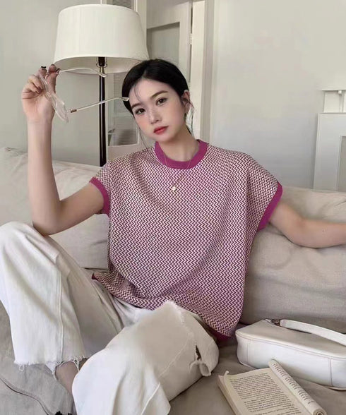 フレンチスリーブサマーニット レディース ノースリーブニットトップス きれいめ 柄ニットTシャツ ゆったり 体型カバー 半袖春夏トップス 丸首 薄手ニットソー韓国 90JINLONG-001