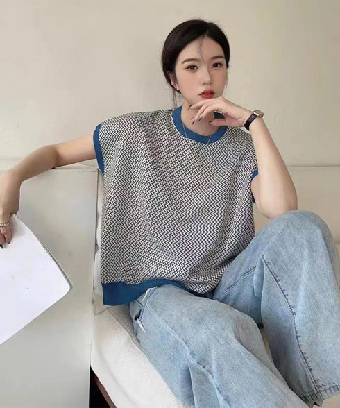 フレンチスリーブサマーニット レディース ノースリーブニットトップス きれいめ 柄ニットTシャツ ゆったり 体型カバー 半袖春夏トップス 丸首 薄手ニットソー韓国 90JINLONG-001
