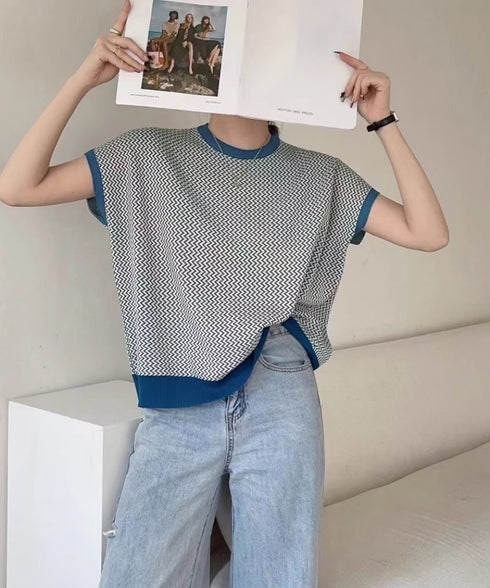 フレンチスリーブサマーニット レディース ノースリーブニットトップス きれいめ 柄ニットTシャツ ゆったり 体型カバー 半袖春夏トップス 丸首 薄手ニットソー韓国 90JINLONG-001