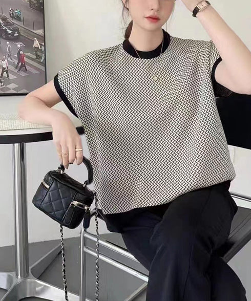 フレンチスリーブサマーニット レディース ノースリーブニットトップス きれいめ 柄ニットTシャツ ゆったり 体型カバー 半袖春夏トップス 丸首 薄手ニットソー韓国 90JINLONG-001