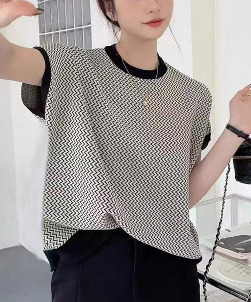フレンチスリーブサマーニット レディース ノースリーブニットトップス きれいめ 柄ニットTシャツ ゆったり 体型カバー 半袖春夏トップス 丸首 薄手ニットソー韓国 90JINLONG-001
