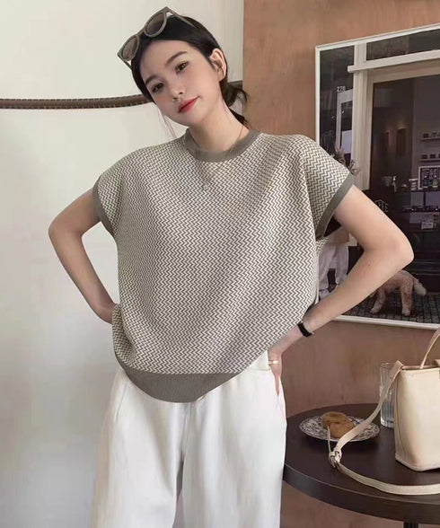フレンチスリーブサマーニット レディース ノースリーブニットトップス きれいめ 柄ニットTシャツ ゆったり 体型カバー 半袖春夏トップス 丸首 薄手ニットソー韓国 90JINLONG-001