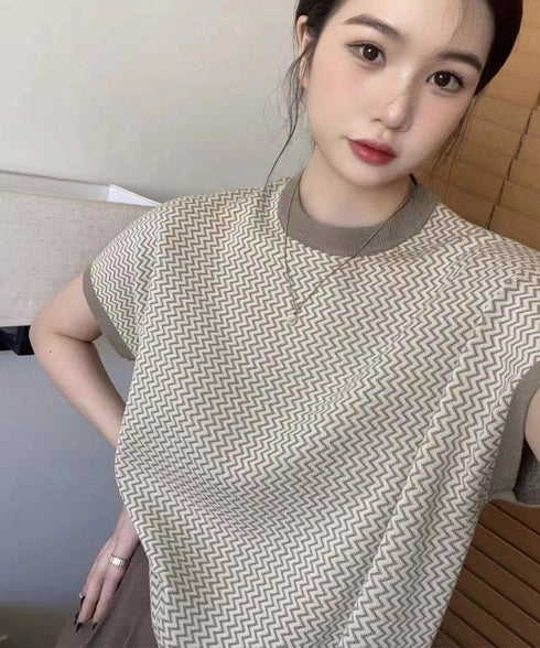 フレンチスリーブサマーニット レディース ノースリーブニットトップス きれいめ 柄ニットTシャツ ゆったり 体型カバー 半袖春夏トップス 丸首 薄手ニットソー韓国 90JINLONG-001
