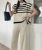 こなれ感 ニットセットアップ 体型カバー ツーピースセット レディース ボーダーサマーニット ワイドパンツ 2点セット ゆったり オフィスカジュアル服 上下セット 90JINLONG-002