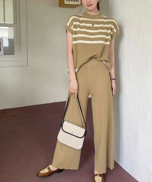 こなれ感 ニットセットアップ 体型カバー ツーピースセット レディース ボーダーサマーニット ワイドパンツ 2点セット ゆったり オフィスカジュアル服 上下セット 90JINLONG-002