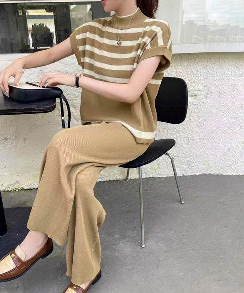 こなれ感 ニットセットアップ 体型カバー ツーピースセット レディース ボーダーサマーニット ワイドパンツ 2点セット ゆったり オフィスカジュアル服 上下セット 90JINLONG-002