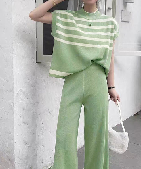 こなれ感 ニットセットアップ 体型カバー ツーピースセット レディース ボーダーサマーニット ワイドパンツ 2点セット ゆったり オフィスカジュアル服 上下セット 90JINLONG-002