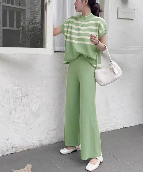 こなれ感 ニットセットアップ 体型カバー ツーピースセット レディース ボーダーサマーニット ワイドパンツ 2点セット ゆったり オフィスカジュアル服 上下セット 90JINLONG-002