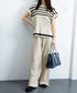 こなれ感 ニットセットアップ 体型カバー ツーピースセット レディース ボーダーサマーニット ワイドパンツ 2点セット ゆったり オフィスカジュアル服 上下セット 90JINLONG-002