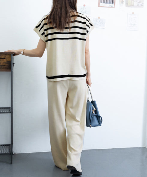 こなれ感 ニットセットアップ 体型カバー ツーピースセット レディース ボーダーサマーニット ワイドパンツ 2点セット ゆったり オフィスカジュアル服 上下セット 90JINLONG-002