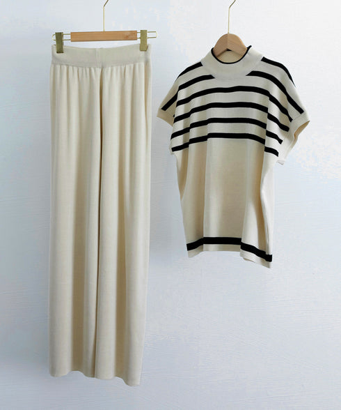 こなれ感 ニットセットアップ 体型カバー ツーピースセット レディース ボーダーサマーニット ワイドパンツ 2点セット ゆったり オフィスカジュアル服 上下セット 90JINLONG-002