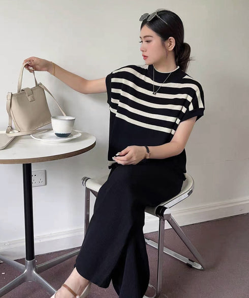こなれ感 ニットセットアップ 体型カバー ツーピースセット レディース ボーダーサマーニット ワイドパンツ 2点セット ゆったり オフィスカジュアル服 上下セット 90JINLONG-002