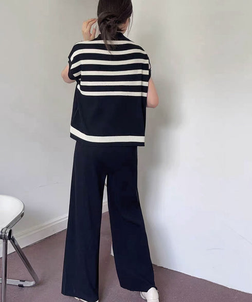 こなれ感 ニットセットアップ 体型カバー ツーピースセット レディース ボーダーサマーニット ワイドパンツ 2点セット ゆったり オフィスカジュアル服 上下セット 90JINLONG-002