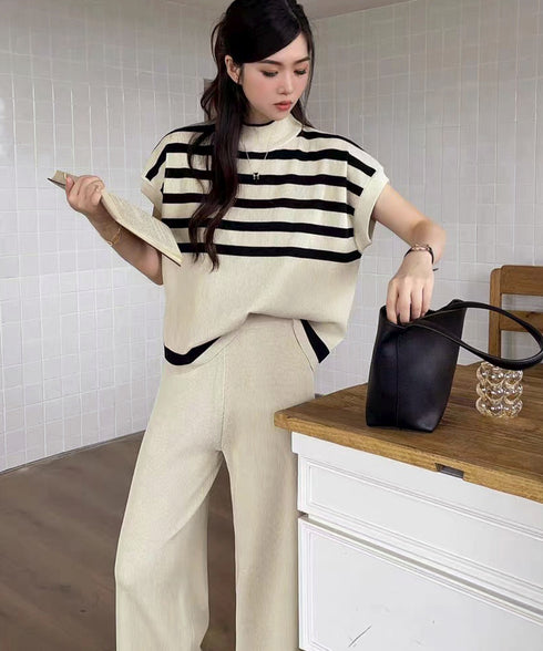 こなれ感 ニットセットアップ 体型カバー ツーピースセット レディース ボーダーサマーニット ワイドパンツ 2点セット ゆったり オフィスカジュアル服 上下セット 90JINLONG-002