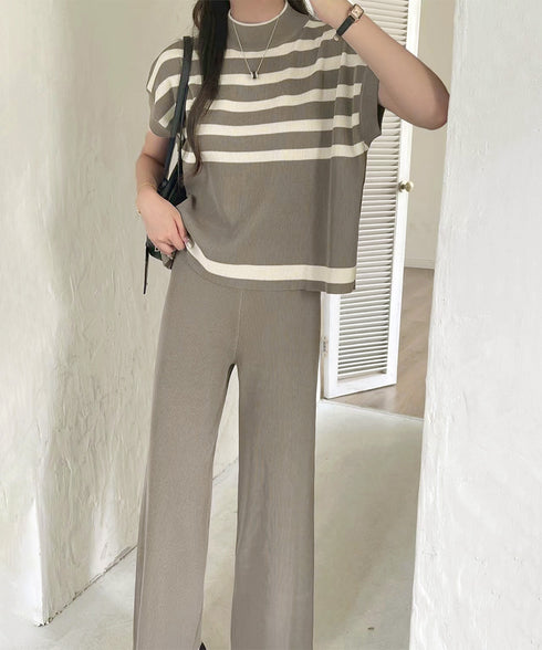 こなれ感 ニットセットアップ 体型カバー ツーピースセット レディース ボーダーサマーニット ワイドパンツ 2点セット ゆったり オフィスカジュアル服 上下セット 90JINLONG-002