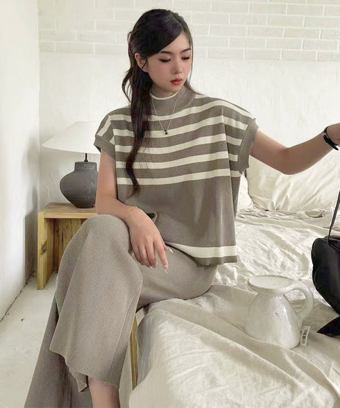 こなれ感 ニットセットアップ 体型カバー ツーピースセット レディース ボーダーサマーニット ワイドパンツ 2点セット ゆったり オフィスカジュアル服 上下セット 90JINLONG-002