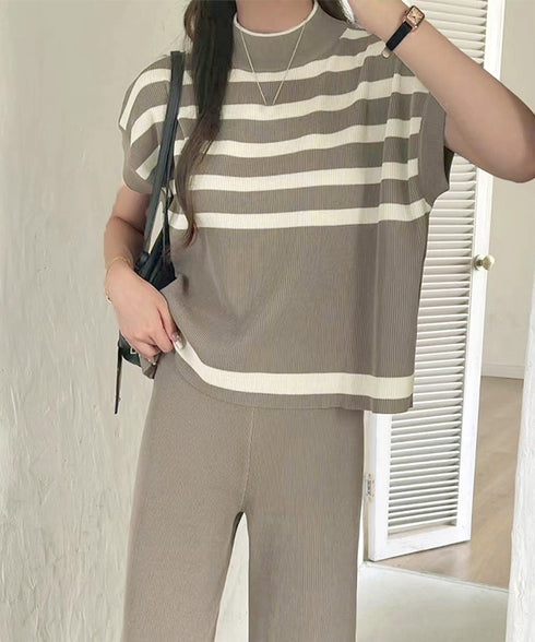 こなれ感 ニットセットアップ 体型カバー ツーピースセット レディース ボーダーサマーニット ワイドパンツ 2点セット ゆったり オフィスカジュアル服 上下セット 90JINLONG-002