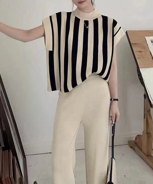 サマーニットセットアップ 韓国 春夏秋服 半袖ストライプニット フレンチスリーブトップス ニットワイドパンツ 上下2点セットオフィスカジュアル 20代30代40代 90JINLONG-003