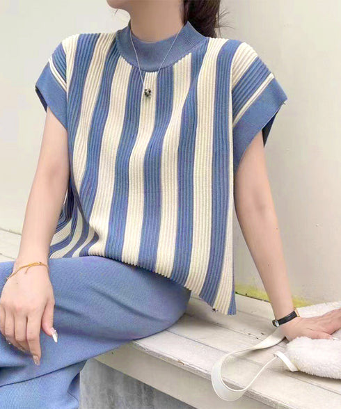 サマーニットセットアップ 韓国 春夏秋服 半袖ストライプニット フレンチスリーブトップス ニットワイドパンツ 上下2点セットオフィスカジュアル 20代30代40代 90JINLONG-003