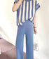 サマーニットセットアップ 韓国 春夏秋服 半袖ストライプニット フレンチスリーブトップス ニットワイドパンツ 上下2点セットオフィスカジュアル 20代30代40代 90JINLONG-003