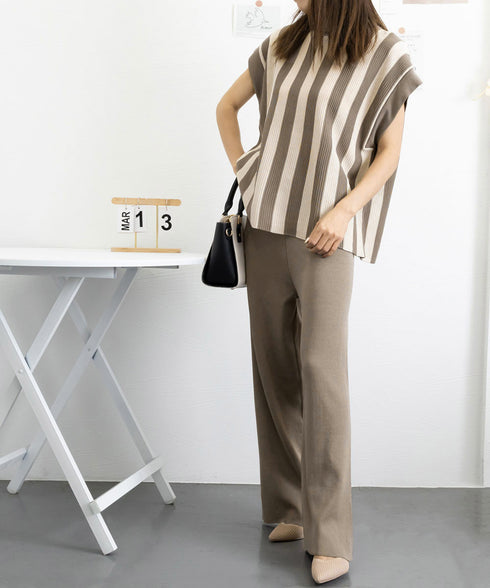 サマーニットセットアップ 韓国 春夏秋服 半袖ストライプニット フレンチスリーブトップス ニットワイドパンツ 上下2点セットオフィスカジュアル 20代30代40代 90JINLONG-003