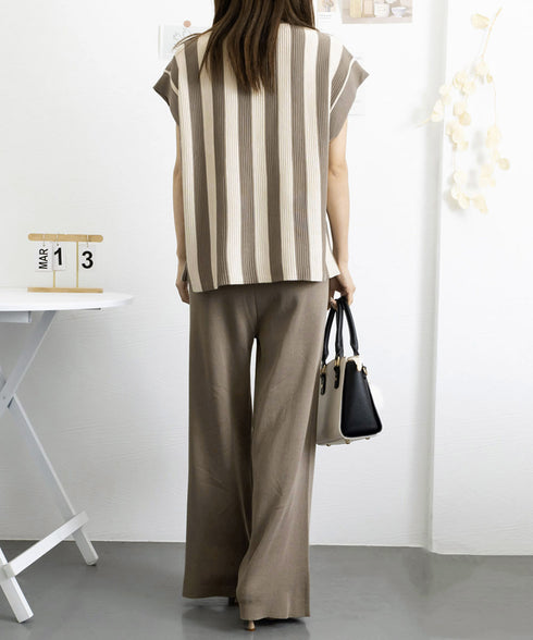 サマーニットセットアップ 韓国 春夏秋服 半袖ストライプニット フレンチスリーブトップス ニットワイドパンツ 上下2点セットオフィスカジュアル 20代30代40代 90JINLONG-003