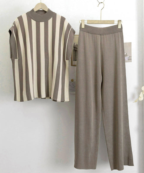 サマーニットセットアップ 韓国 春夏秋服 半袖ストライプニット フレンチスリーブトップス ニットワイドパンツ 上下2点セットオフィスカジュアル 20代30代40代 90JINLONG-003