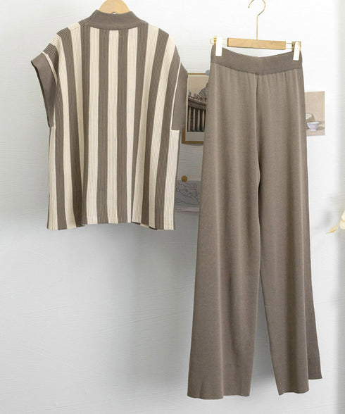サマーニットセットアップ 韓国 春夏秋服 半袖ストライプニット フレンチスリーブトップス ニットワイドパンツ 上下2点セットオフィスカジュアル 20代30代40代 90JINLONG-003