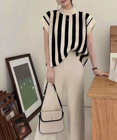 サマーニットセットアップ 韓国 春夏秋服 半袖ストライプニット フレンチスリーブトップス ニットワイドパンツ 上下2点セットオフィスカジュアル 20代30代40代 90JINLONG-003