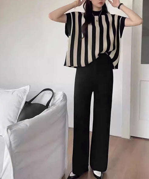 サマーニットセットアップ 韓国 春夏秋服 半袖ストライプニット フレンチスリーブトップス ニットワイドパンツ 上下2点セットオフィスカジュアル 20代30代40代 90JINLONG-003