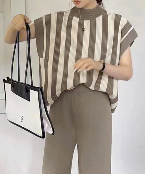 サマーニットセットアップ 韓国 春夏秋服 半袖ストライプニット フレンチスリーブトップス ニットワイドパンツ 上下2点セットオフィスカジュアル 20代30代40代 90JINLONG-003