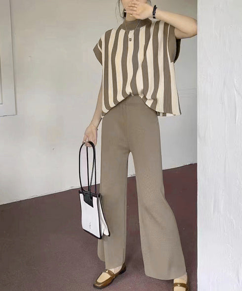 サマーニットセットアップ 韓国 春夏秋服 半袖ストライプニット フレンチスリーブトップス ニットワイドパンツ 上下2点セットオフィスカジュアル 20代30代40代 90JINLONG-003