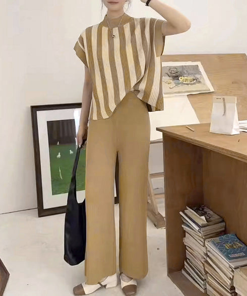 サマーニットセットアップ 韓国 春夏秋服 半袖ストライプニット フレンチスリーブトップス ニットワイドパンツ 上下2点セットオフィスカジュアル 20代30代40代 90JINLONG-003
