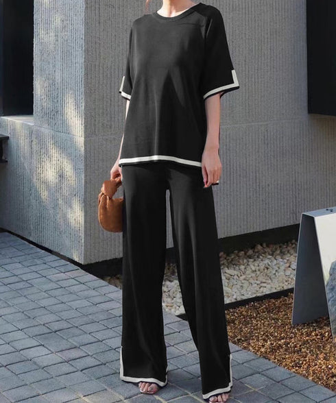 セットアップ 配色スリットニットとパンツ ラウンドネックニット ウエストゴムワイドパンツ オフィスカジュアル服セットアップ 体型カバー半袖2点セット 30代40代 90JINLONG-004
