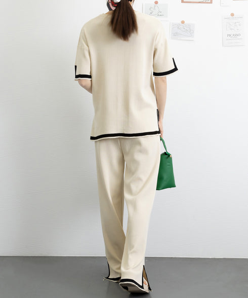 セットアップ 配色スリットニットとパンツ ラウンドネックニット ウエストゴムワイドパンツ オフィスカジュアル服セットアップ 体型カバー半袖2点セット 30代40代 90JINLONG-004