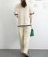 セットアップ 配色スリットニットとパンツ ラウンドネックニット ウエストゴムワイドパンツ オフィスカジュアル服セットアップ 体型カバー半袖2点セット 30代40代 90JINLONG-004