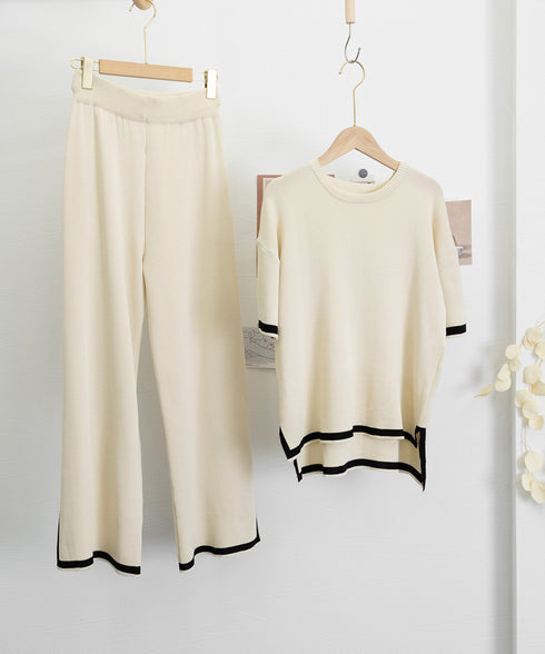 セットアップ 配色スリットニットとパンツ ラウンドネックニット ウエストゴムワイドパンツ オフィスカジュアル服セットアップ 体型カバー半袖2点セット 30代40代 90JINLONG-004