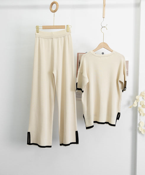 セットアップ 配色スリットニットとパンツ ラウンドネックニット ウエストゴムワイドパンツ オフィスカジュアル服セットアップ 体型カバー半袖2点セット 30代40代 90JINLONG-004