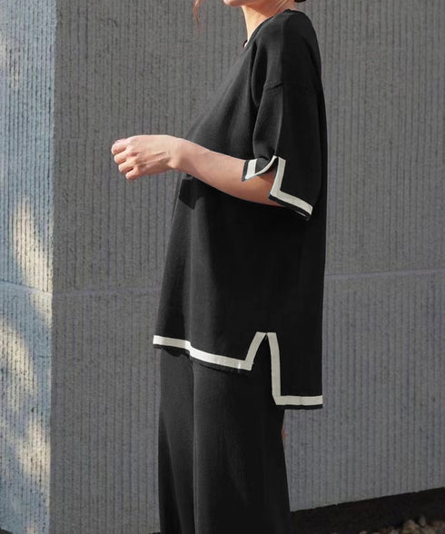 セットアップ 配色スリットニットとパンツ ラウンドネックニット ウエストゴムワイドパンツ オフィスカジュアル服セットアップ 体型カバー半袖2点セット 30代40代 90JINLONG-004