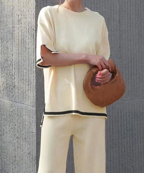 セットアップ 配色スリットニットとパンツ ラウンドネックニット ウエストゴムワイドパンツ オフィスカジュアル服セットアップ 体型カバー半袖2点セット 30代40代 90JINLONG-004