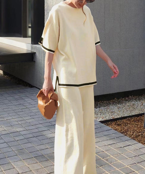 セットアップ 配色スリットニットとパンツ ラウンドネックニット ウエストゴムワイドパンツ オフィスカジュアル服セットアップ 体型カバー半袖2点セット 30代40代 90JINLONG-004