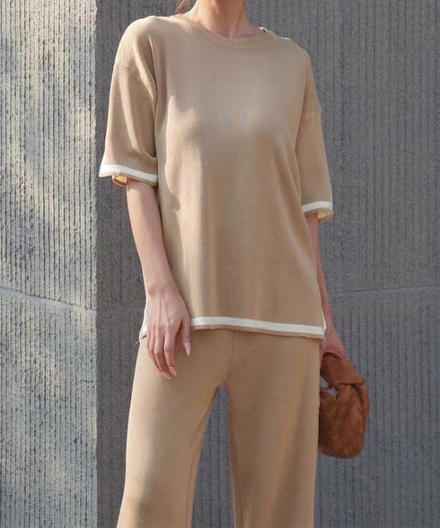 セットアップ 配色スリットニットとパンツ ラウンドネックニット ウエストゴムワイドパンツ オフィスカジュアル服セットアップ 体型カバー半袖2点セット 30代40代 90JINLONG-004