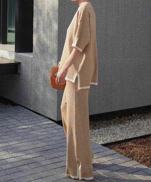 セットアップ 配色スリットニットとパンツ ラウンドネックニット ウエストゴムワイドパンツ オフィスカジュアル服セットアップ 体型カバー半袖2点セット 30代40代 90JINLONG-004